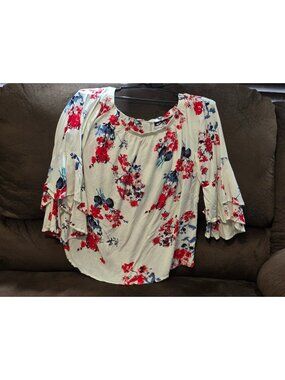 Solitaire Women's Floral Off Shoulder Bell Sleeve Blouse White Red Blue Size M